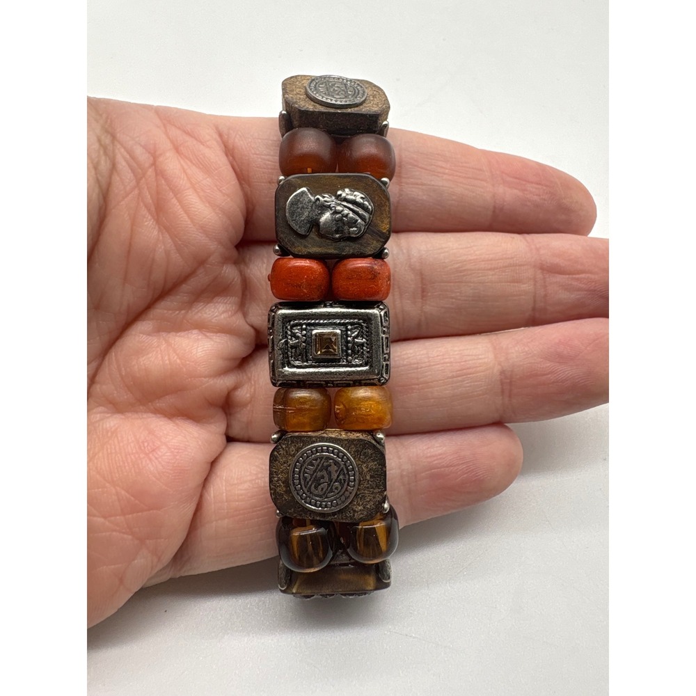 Bohemian Mixed Media Stretch Bracelet Silver Cameo Wood Resin Beads Brown Orange - Picture 6 of 7